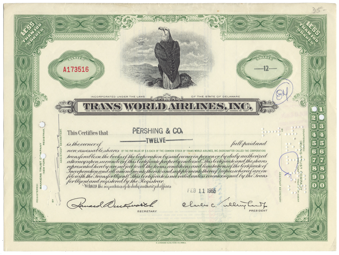 Trans World Airlines, Inc. Stock Certificate