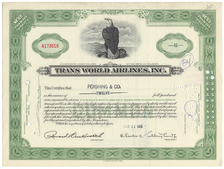 Trans World Airlines, Inc. Stock Certificate