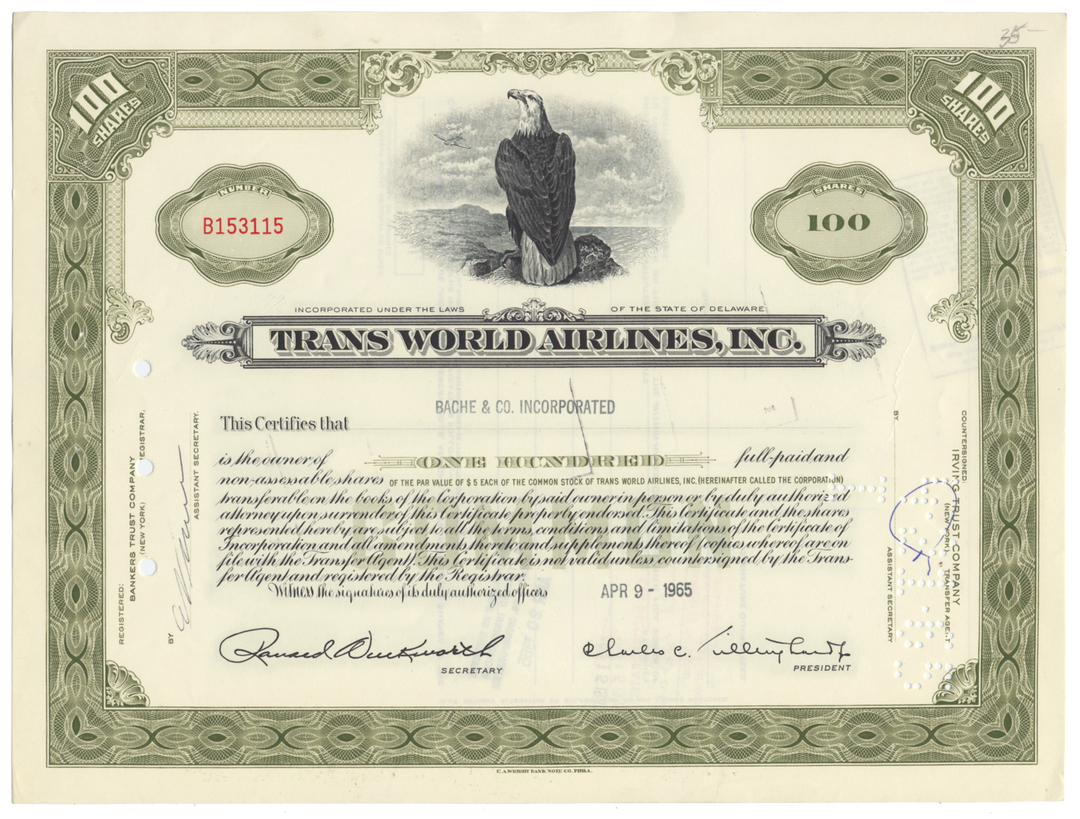 Trans World Airlines, Inc. Stock Certificate