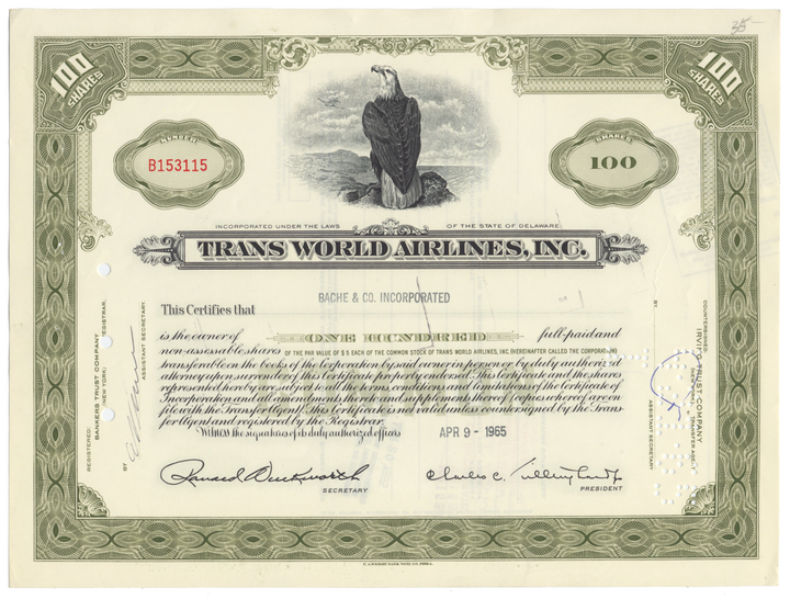 Trans World Airlines, Inc. Stock Certificate