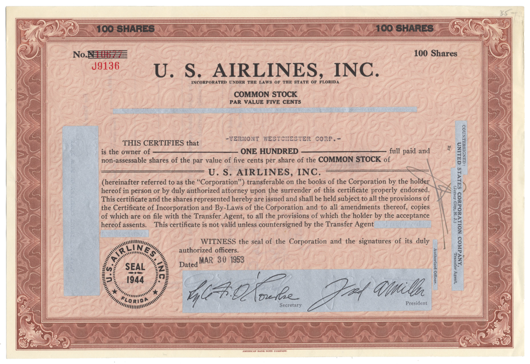 U. S. Airlines, Inc. Stock Certificate