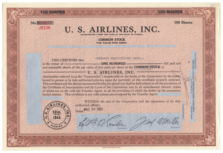 U. S. Airlines, Inc. Stock Certificate