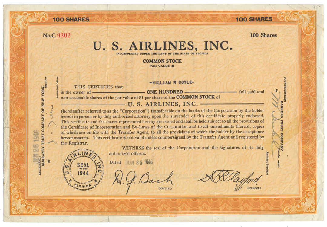 U. S. Airlines, Inc. Stock Certificate