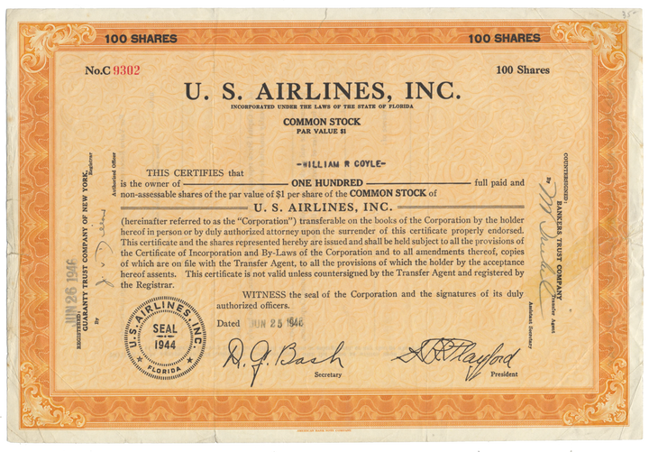 U. S. Airlines, Inc. Stock Certificate