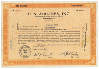 U. S. Airlines, Inc. Stock Certificate