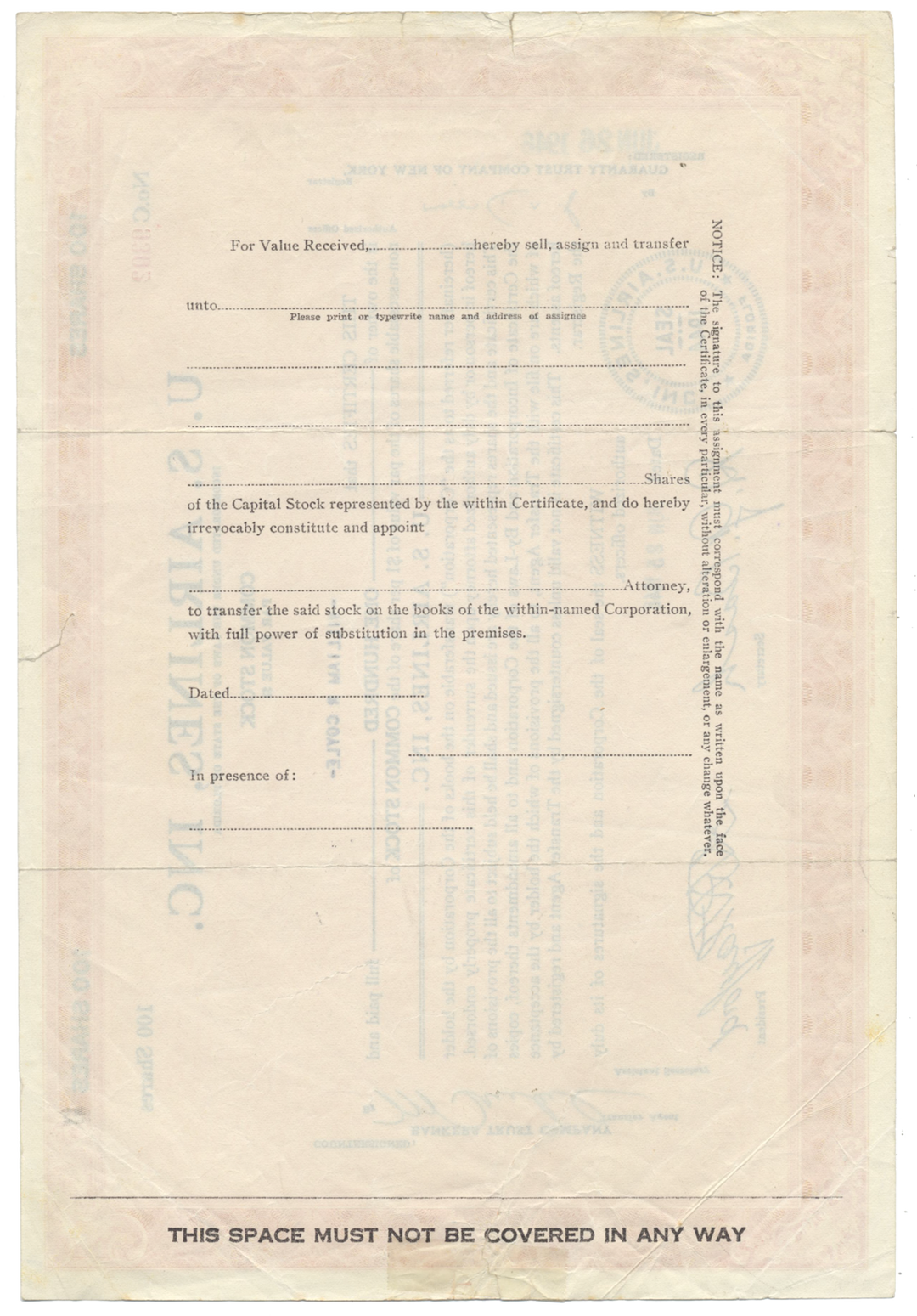 U. S. Airlines, Inc. Stock Certificate