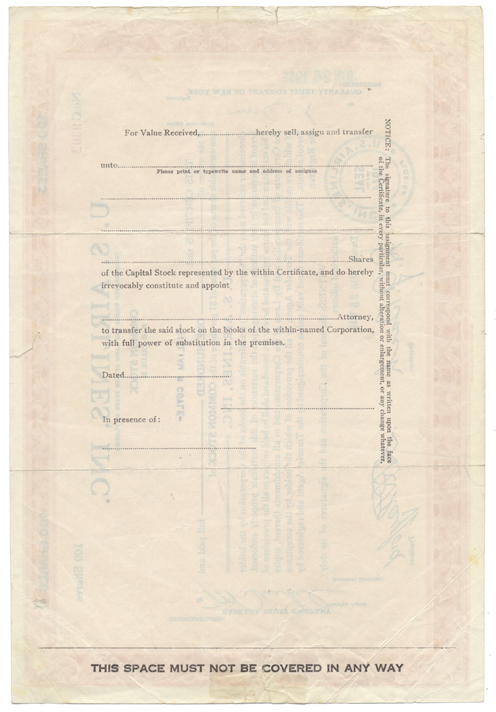 U. S. Airlines, Inc. Stock Certificate