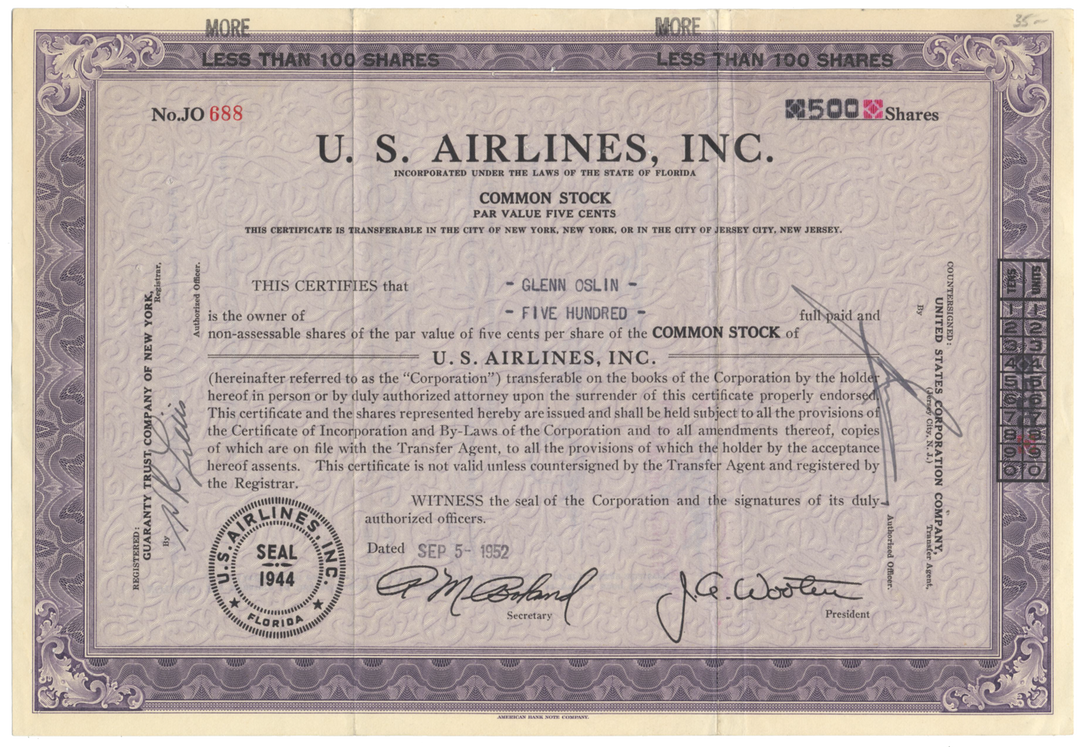 U. S. Airlines, Inc. Stock Certificate