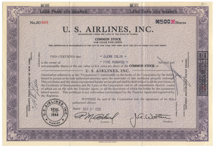 U. S. Airlines, Inc. Stock Certificate