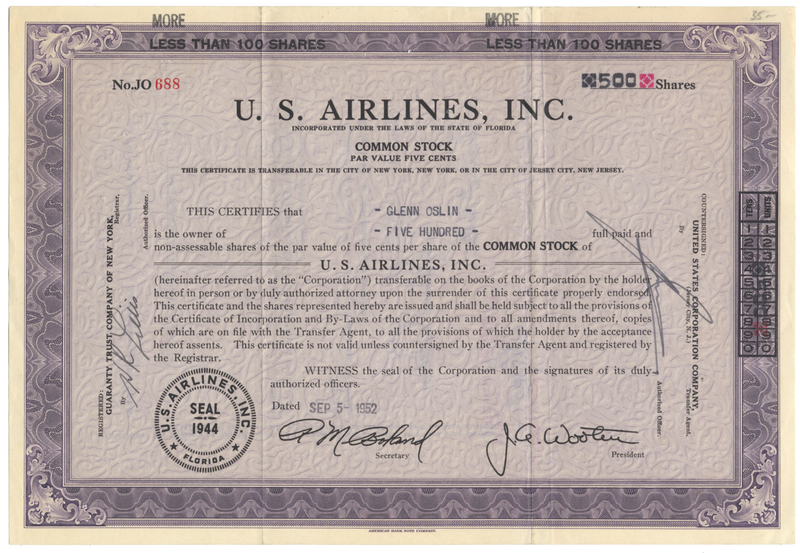 U. S. Airlines, Inc. Stock Certificate