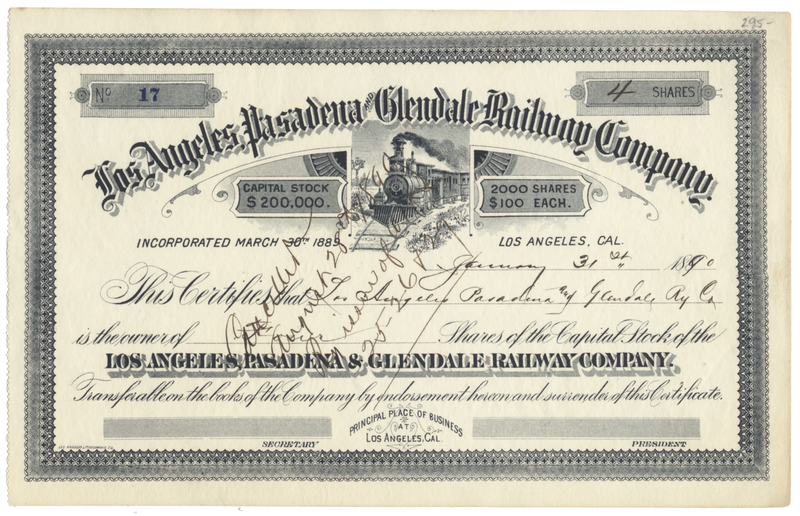 Los Angeles, Pasadena and Glendale Railway Company Stock Certificate