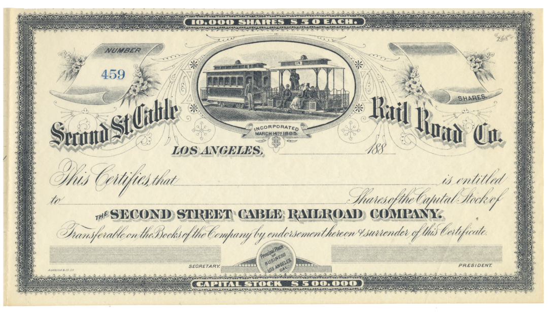 Second St. Cable Rail Road Co. Stock Certificate