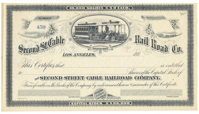 Second St. Cable Rail Road Co. Stock Certificate