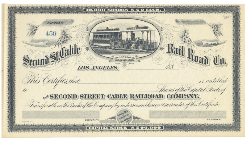Second St. Cable Rail Road Co. Stock Certificate