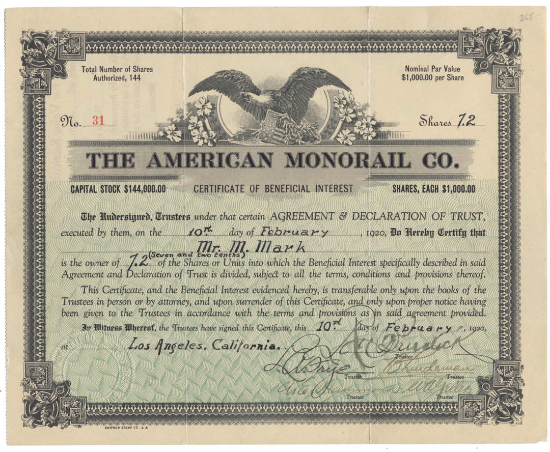 American Monorail Co. Stock Certificate