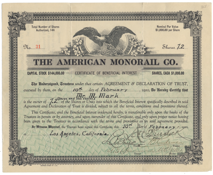 American Monorail Co. Stock Certificate