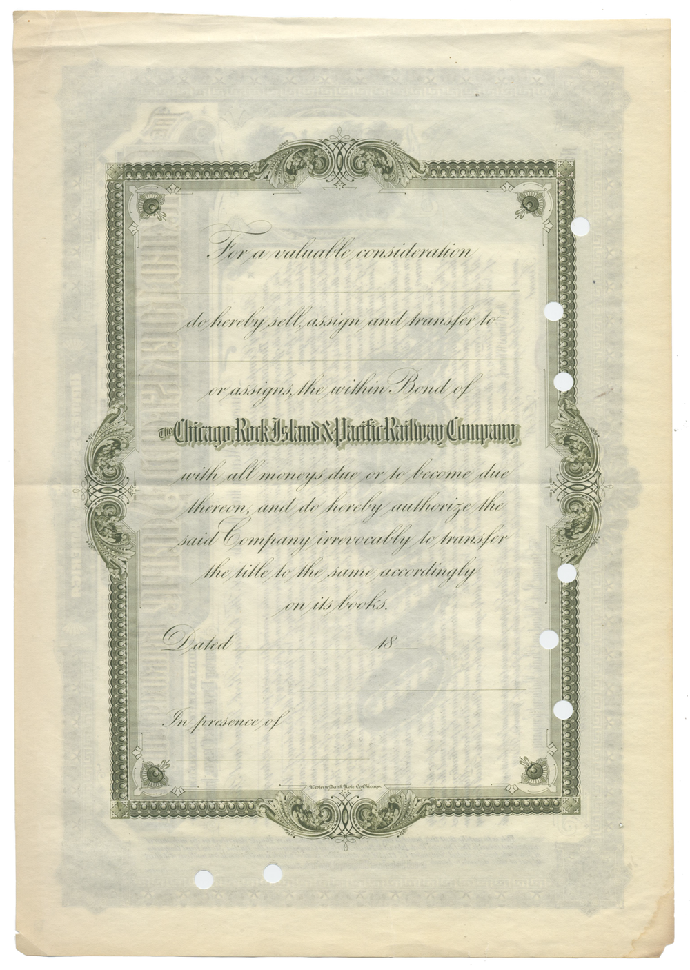 Chicago, Rock Island and Pacific Railway Company Bond Certificate