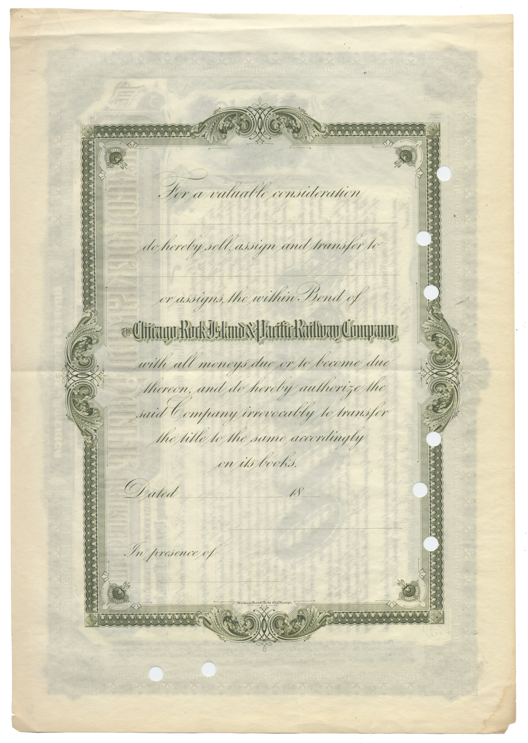 Chicago, Rock Island and Pacific Railway Company Bond Certificate