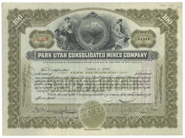 Park Utah Consolidated Mines Company Stock Certificate