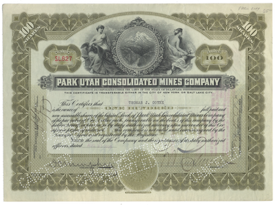 Park Utah Consolidated Mines Company Stock Certificate