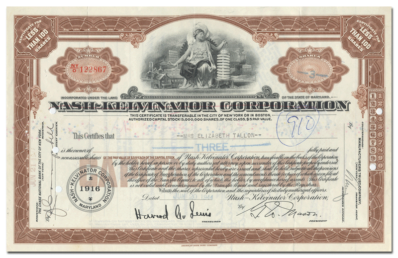 Nash - Kelvinator Corporation Stock Certificate