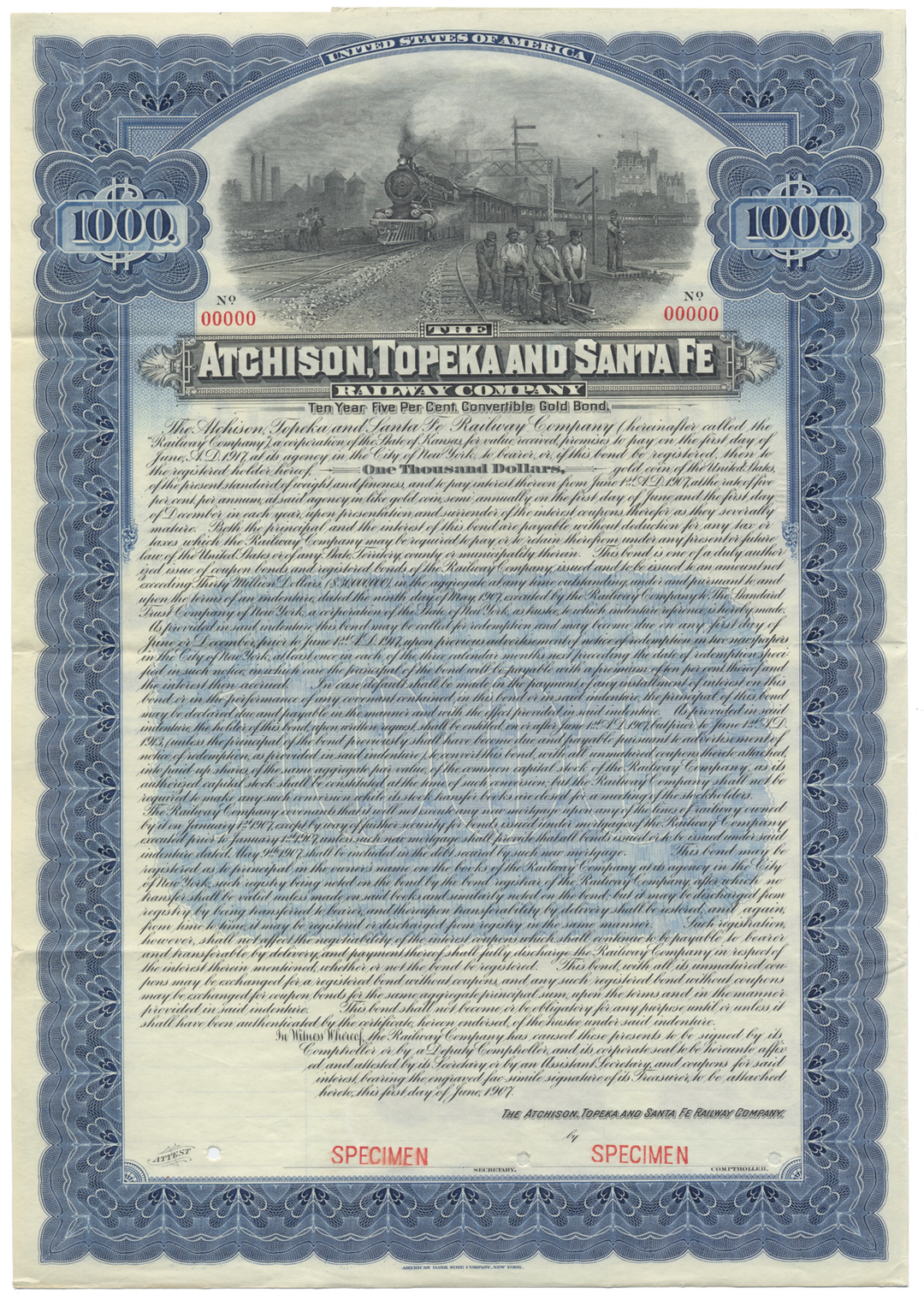 Atchison, Topeka and Santa Fe Railway Company Specimen Bond Certificate