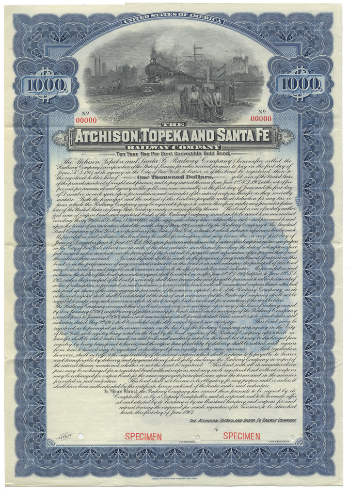 Atchison, Topeka and Santa Fe Railway Company Specimen Bond Certificate