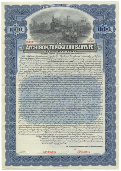 Atchison, Topeka and Santa Fe Railway Company Specimen Bond Certificate