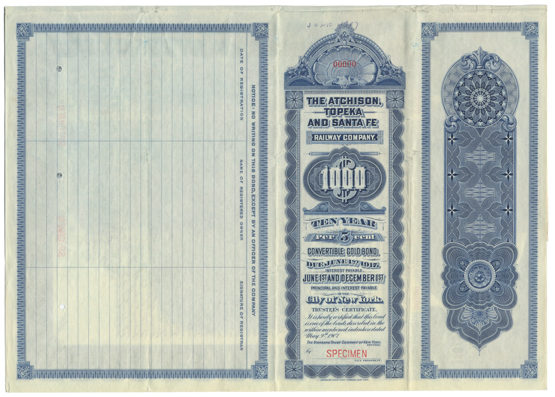 Atchison, Topeka and Santa Fe Railway Company Specimen Bond Certificate