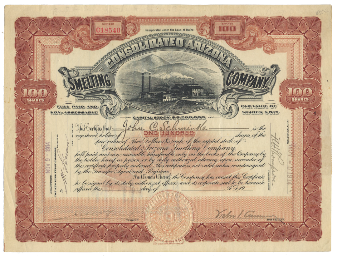 Consolidated Arizona Smelting Company Stock Certificate