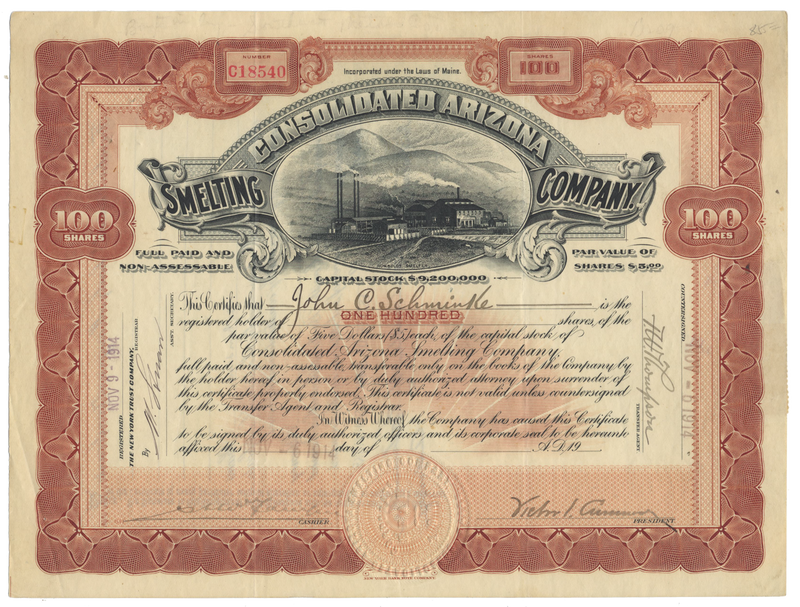 Consolidated Arizona Smelting Company Stock Certificate