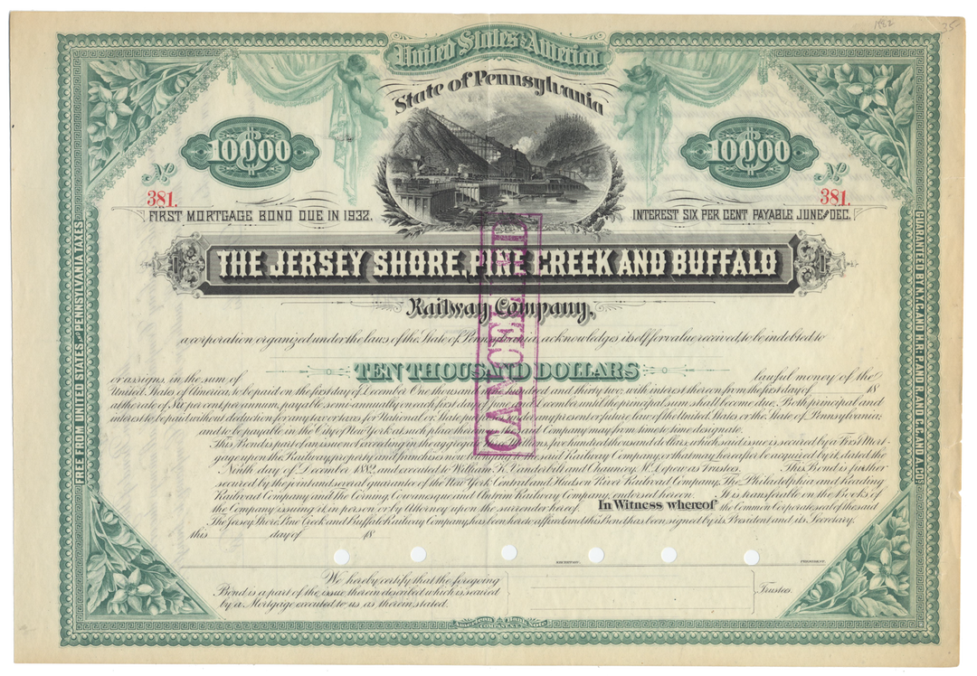 Jersey Shore, Pine Creek and Buffalo Railway Company Bond Certificate