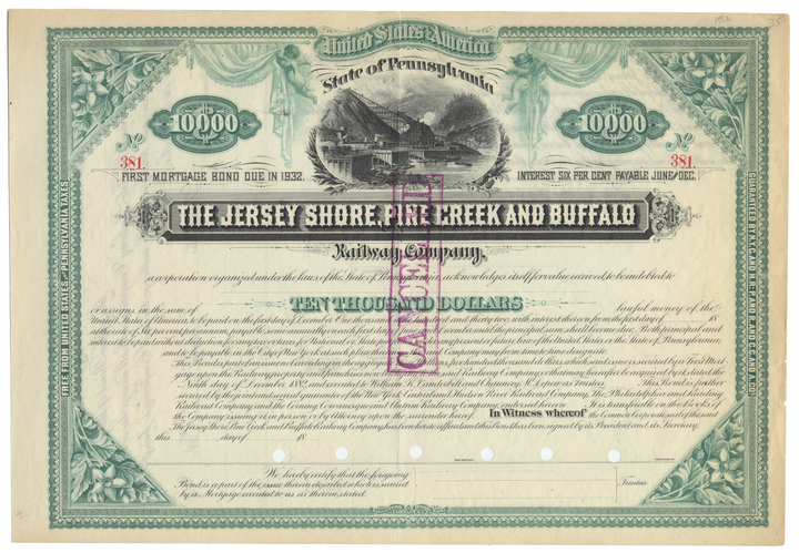 Jersey Shore, Pine Creek and Buffalo Railway Company Bond Certificate