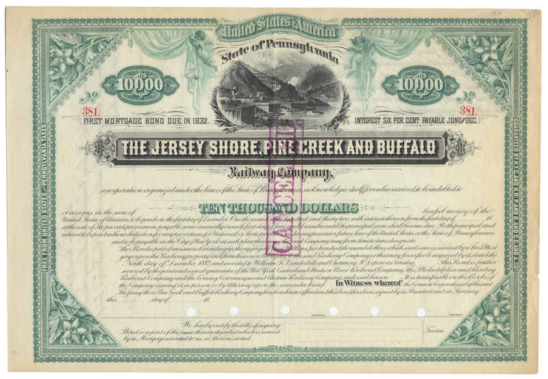 Jersey Shore, Pine Creek and Buffalo Railway Company Bond Certificate