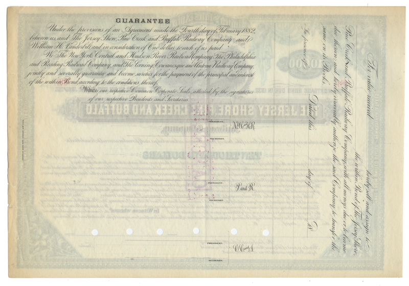 Jersey Shore, Pine Creek and Buffalo Railway Company Bond Certificate
