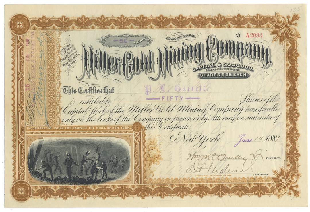 MIller Gold Mining Company Stock Certificate