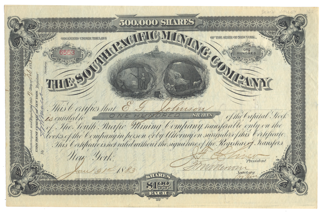 South Pacific Mining Company Stock Certificate