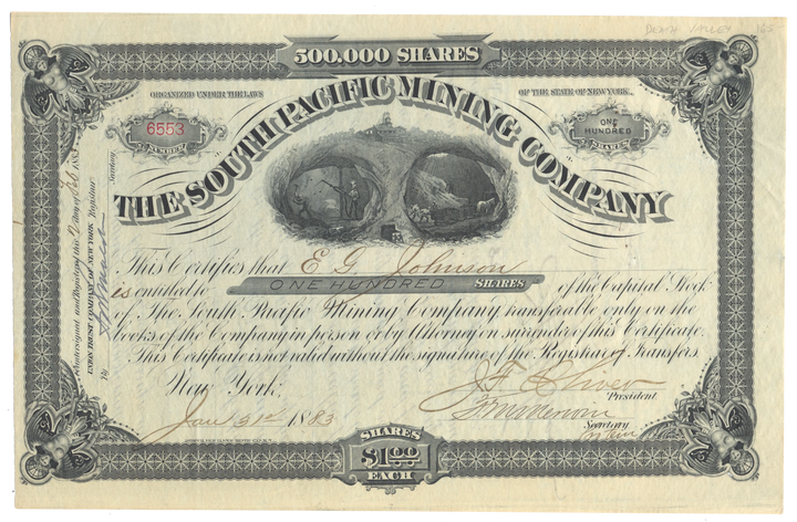 South Pacific Mining Company Stock Certificate