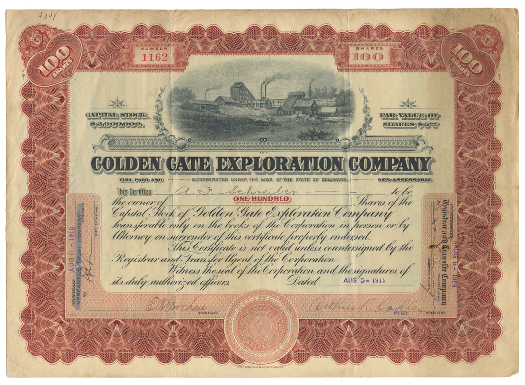 Golden Gate Exploration Company Stock Certificate