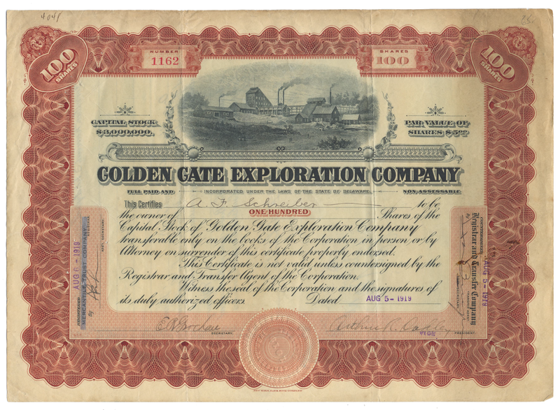 Golden Gate Exploration Company Stock Certificate