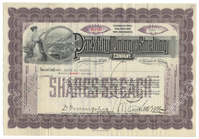 Park City Mining and Smelting Company Stock Certificate