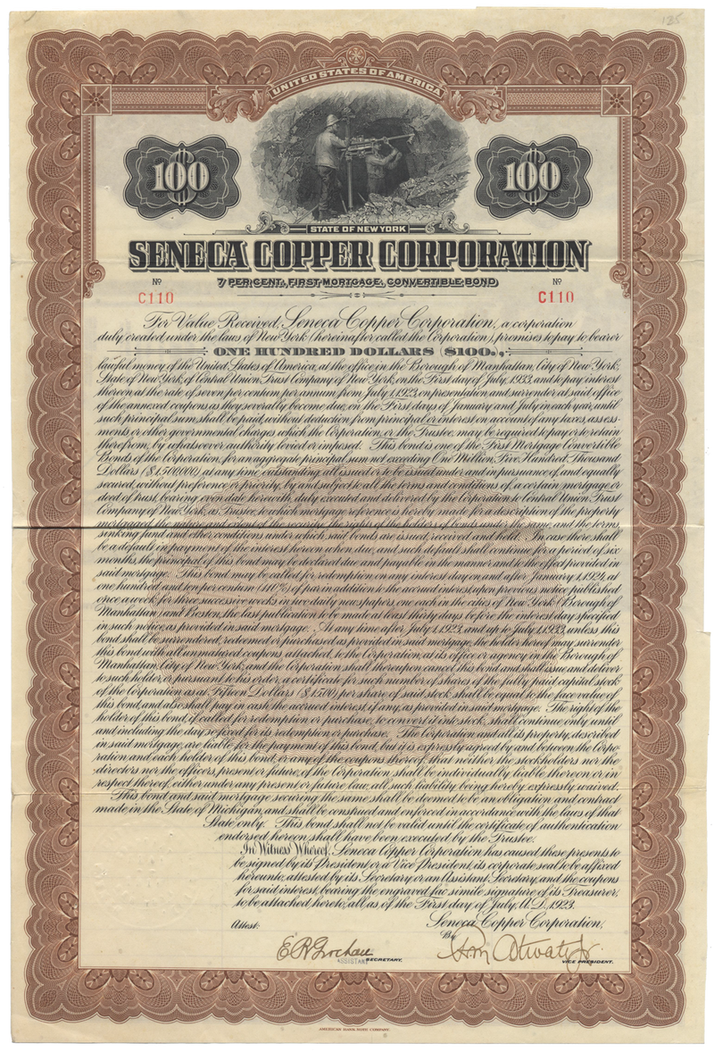 Seneca Copper Corporation Bond Certificate