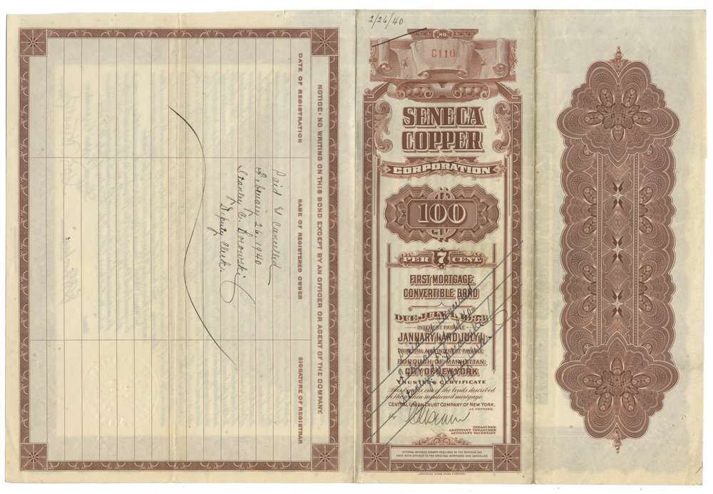 Seneca Copper Corporation Bond Certificate