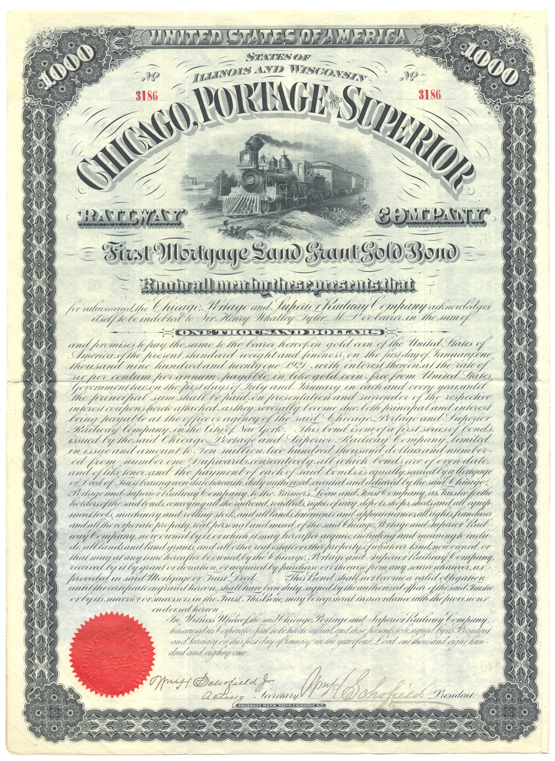 Chicago, Portage and Superior Railway Company Bond Certificate