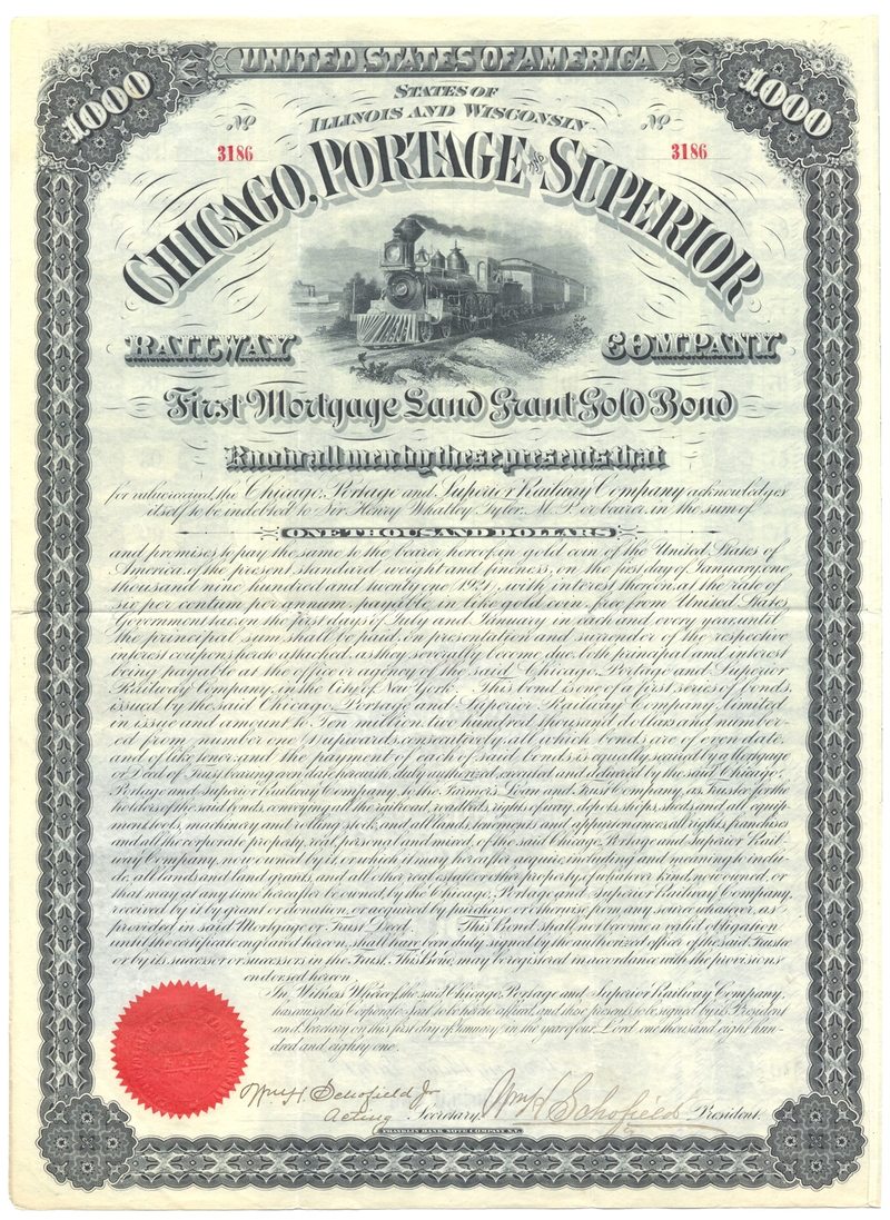 Chicago, Portage and Superior Railway Company Bond Certificate