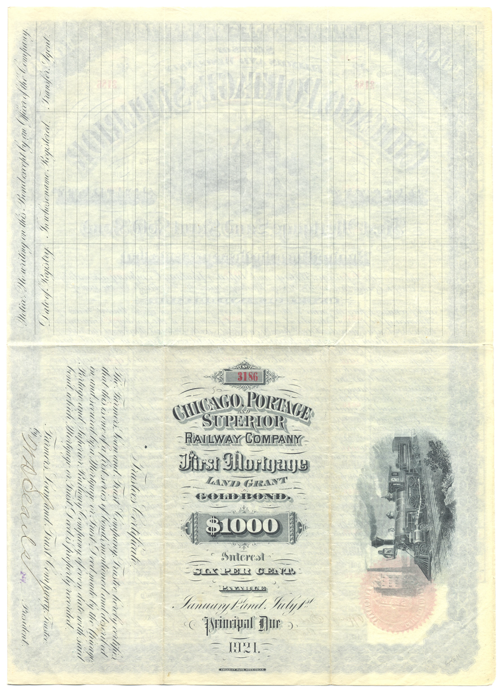 Chicago, Portage and Superior Railway Company Bond Certificate