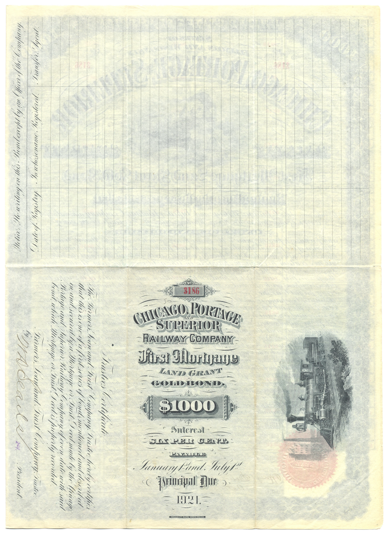 Chicago, Portage and Superior Railway Company Bond Certificate