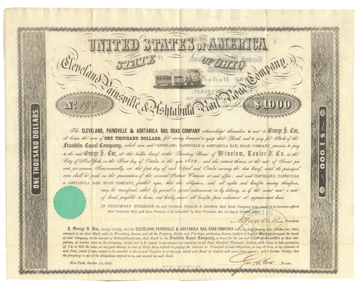 Cleveland, Painesville and Ashtabula Rail Road Company Bond Certificate