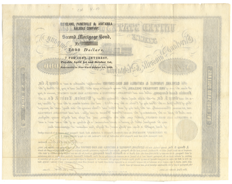 Cleveland, Painesville and Ashtabula Rail Road Company Bond Certificate