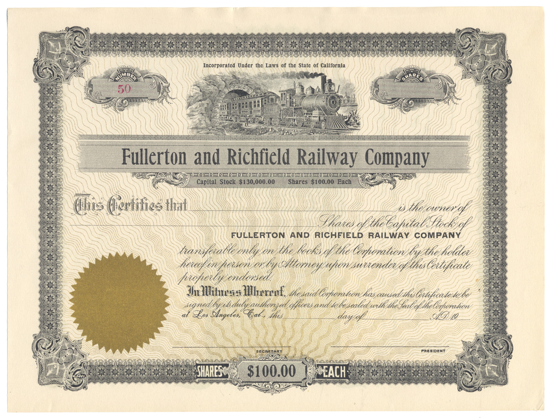 Fullerton and Richfield Railway Company Stock Certificate